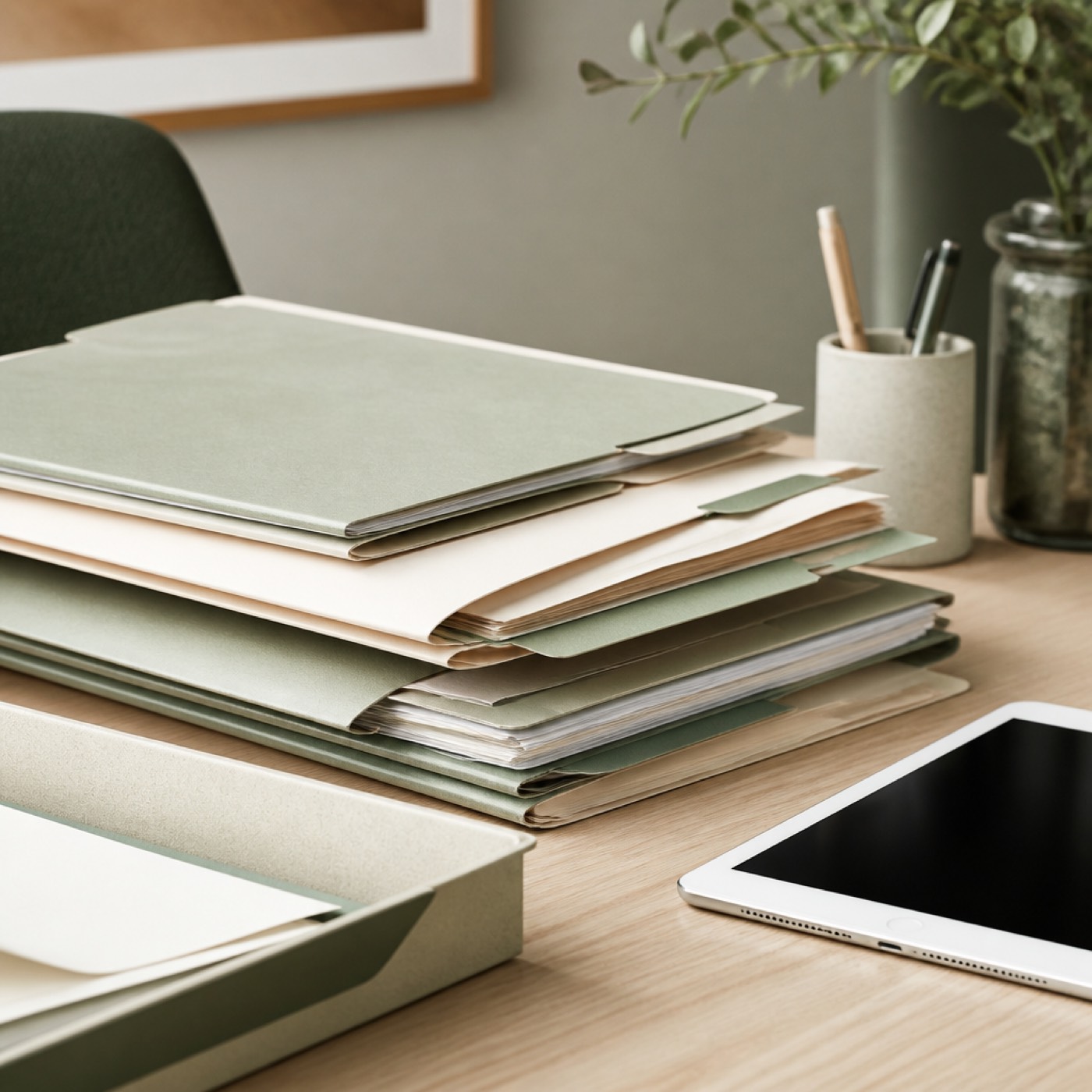 Aktenordner und Tablet auf einem Schreibtisch